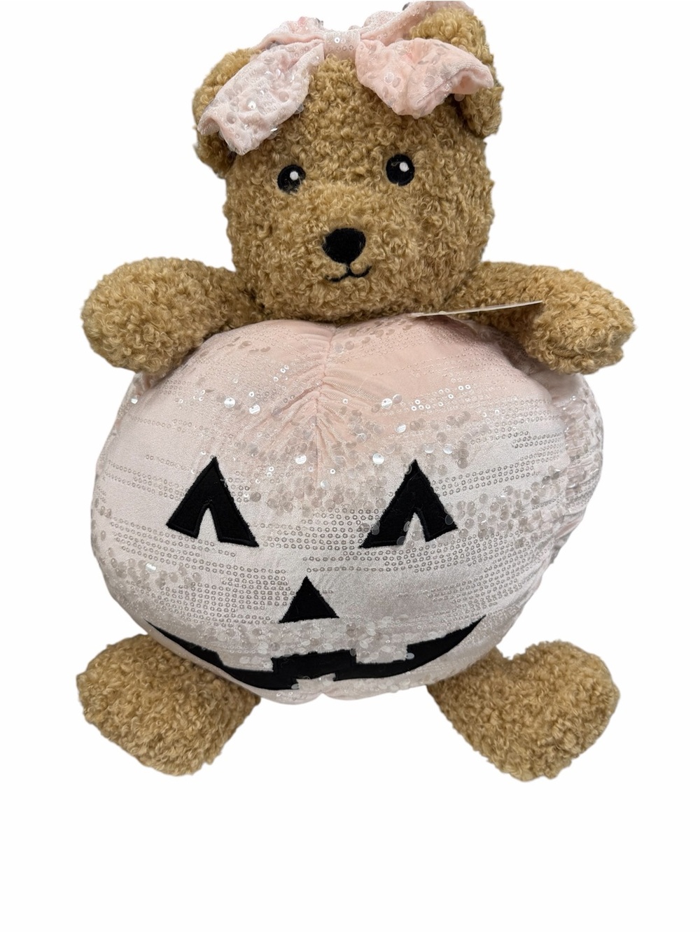RARE Pink Halloween Teddy Bear Jack-O’-Lantern Plush Pillow Sequin Pumpkin Decor